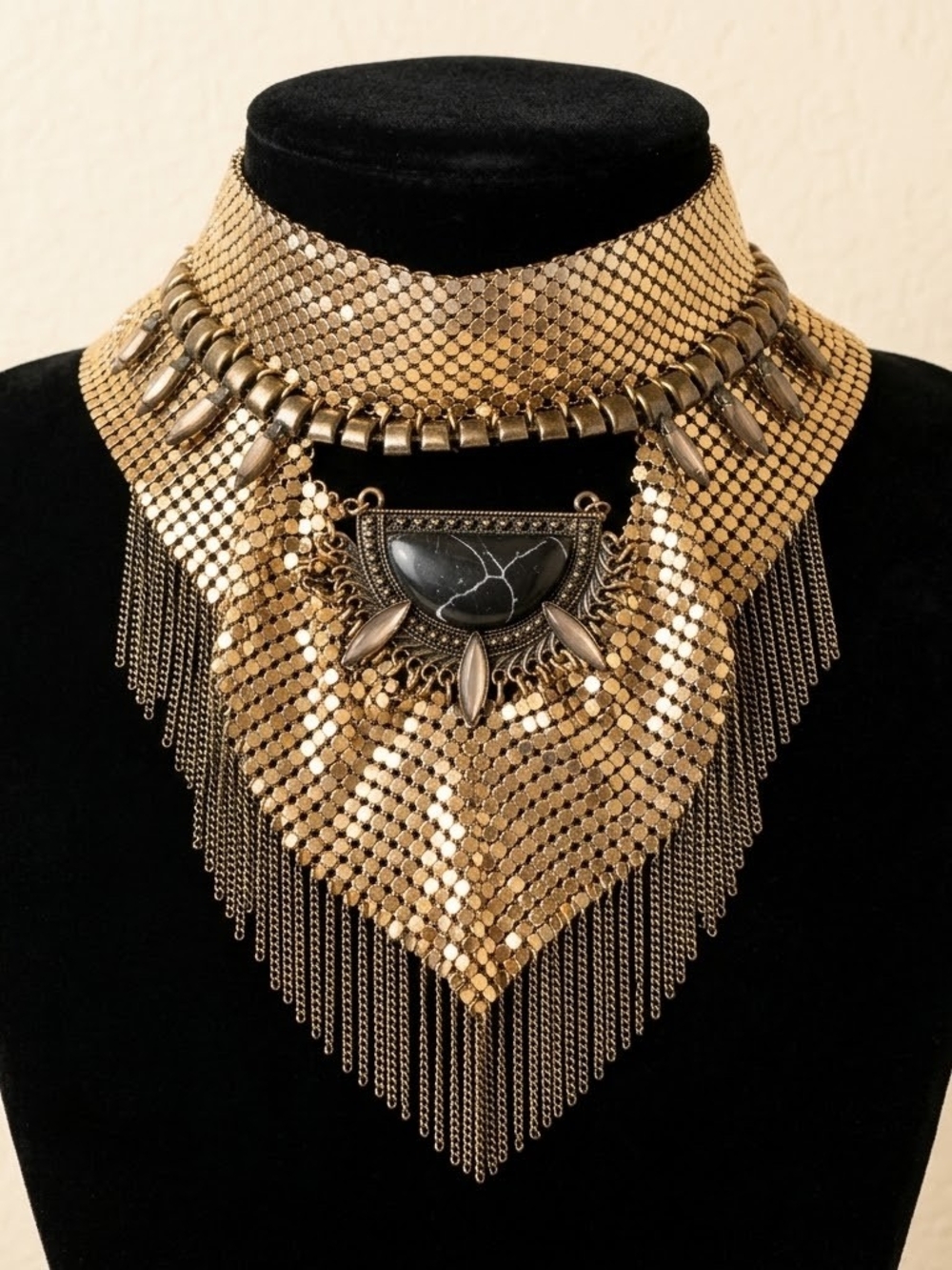 Vtg Gold Tone Mesh Bib Scarf Cowl Collar Chainmail Choker Necklace Maximalist